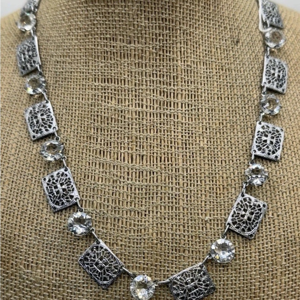 Antique 1920’s Art Deco Silver Tone Filigree Crystal Necklace
